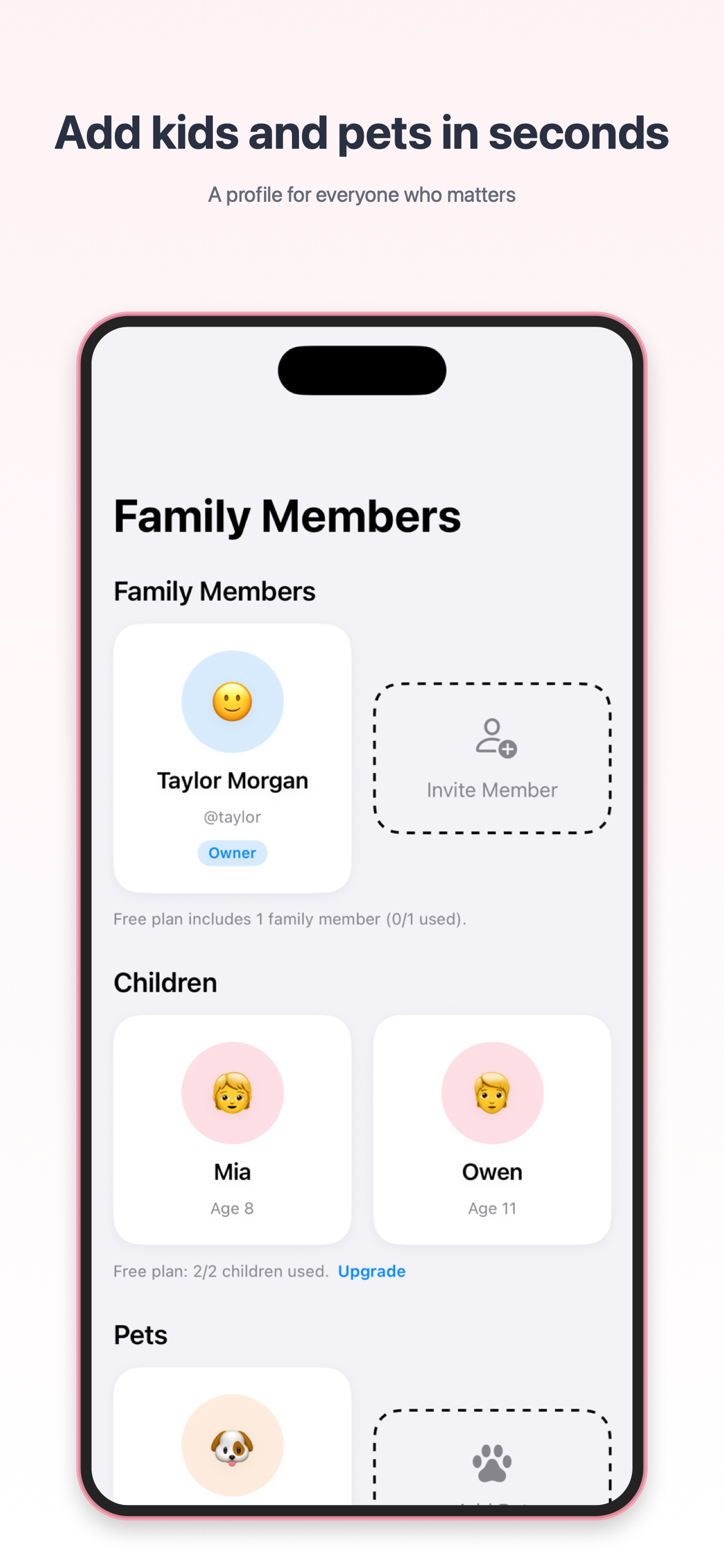 Family Equity child and pet profiles