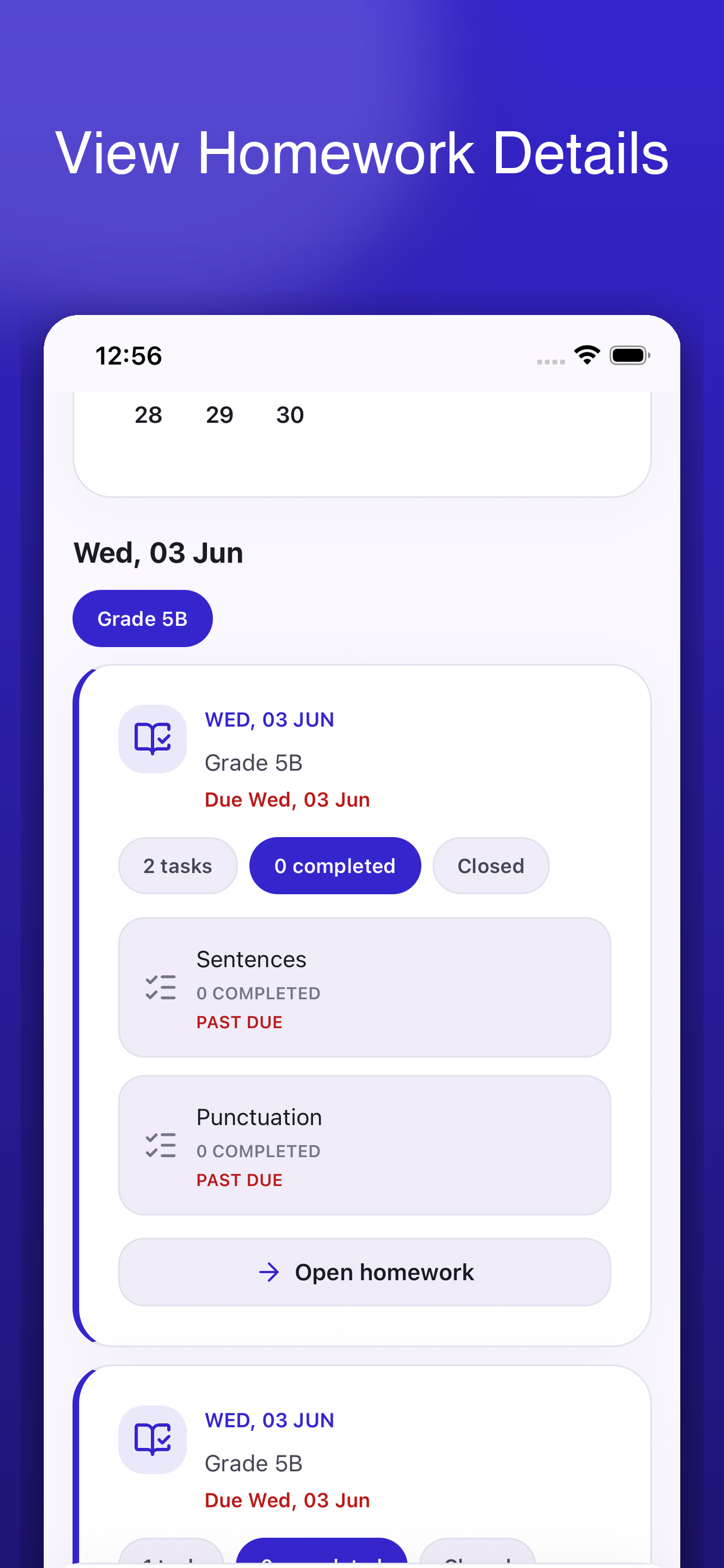 Schola homework details screen